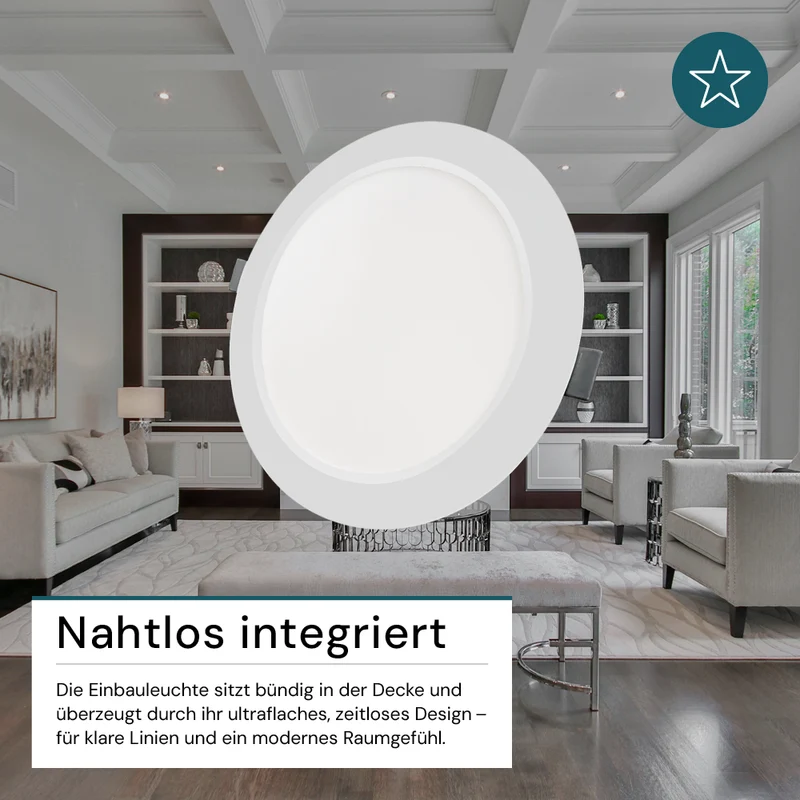 LED Einbauleuchte in Weiß, 18 W, 230 V, IP44-geschützt, 1800 lm, Lichtfarbe einstellbar, Ø221x27 mm, Einbaustrahler mit Diffusor, Badezimmer Deckenleuchte