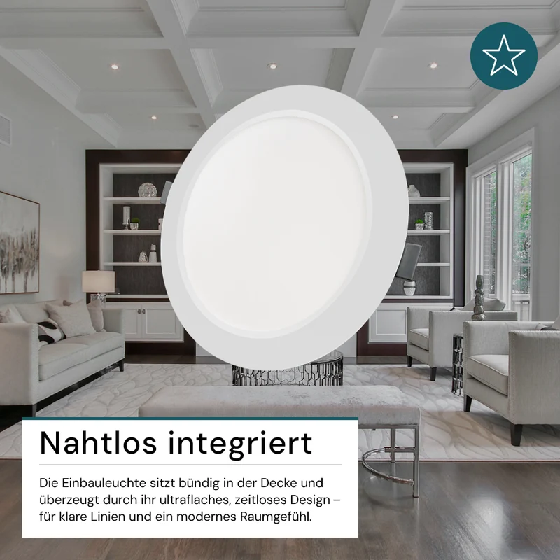 LED Einbauleuchte in Weiß, 6 W, 230 V, IP44-geschützt, 600 lm, Lichtfarbe einstellbar, Ø117x25 mm, Einbaustrahler mit Diffusor, Badezimmer Deckenleuchte