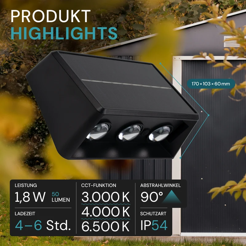 Solar-Wandleuchte, 2 W, 50 lm, CCT, schwarz, Up/Down, IP54