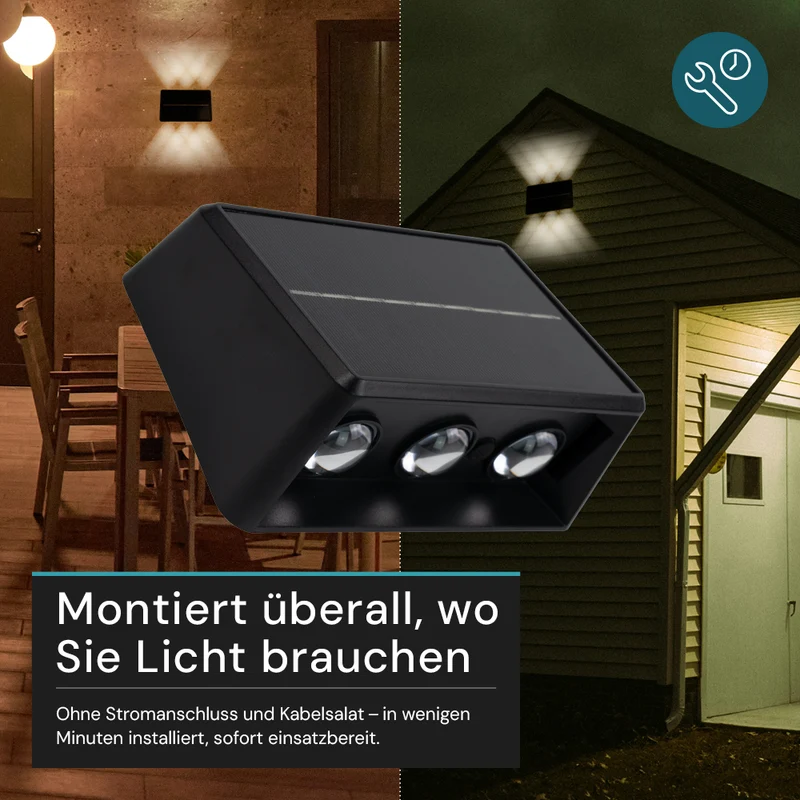 Solar-Wandleuchte, 2 W, 50 lm, CCT, schwarz, Up/Down, IP54