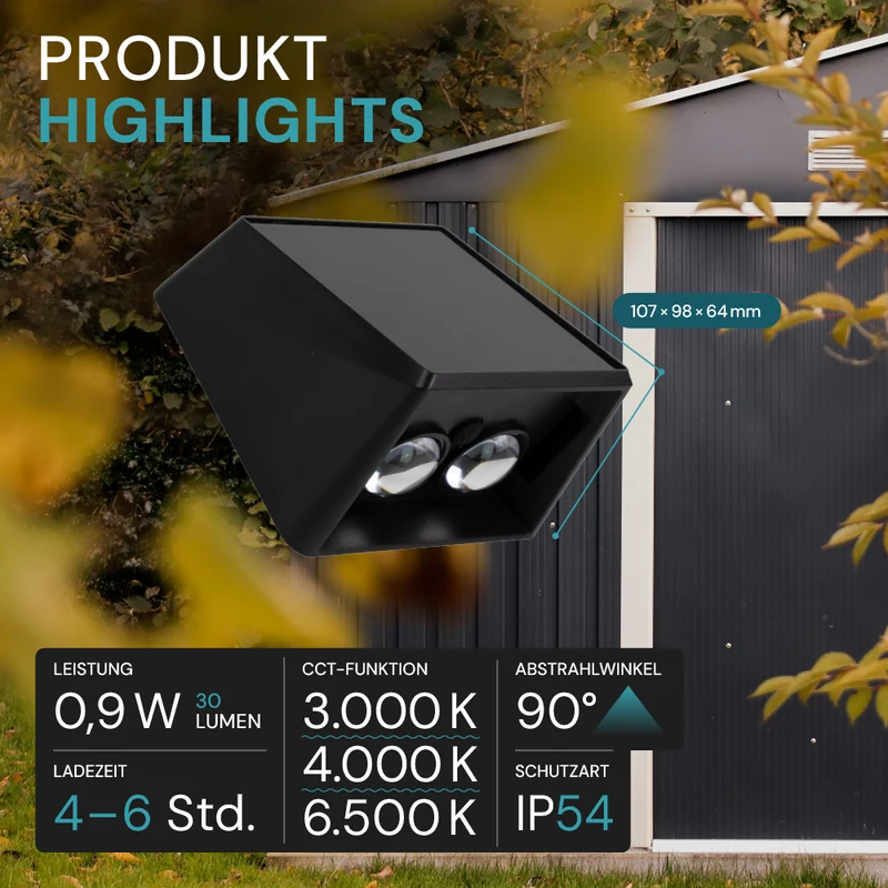 Solar LED Wandleuchte Außen, Up/Down, 2-flammig, 3 Lichtfarben einstellbar (CCT), IP54, mit Akku, Gartenleuchte