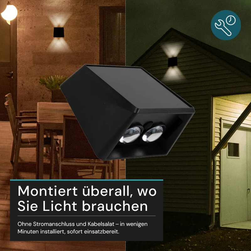 Solar LED Wandleuchte Außen, Up/Down, 2-flammig, 3 Lichtfarben einstellbar (CCT), IP54, mit Akku, Gartenleuchte