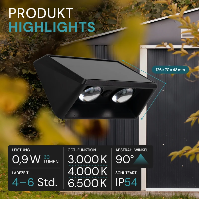 Solar-Wandleuchte, 1 W, 35 lm, CCT, schwarz, 2-flammig, IP54