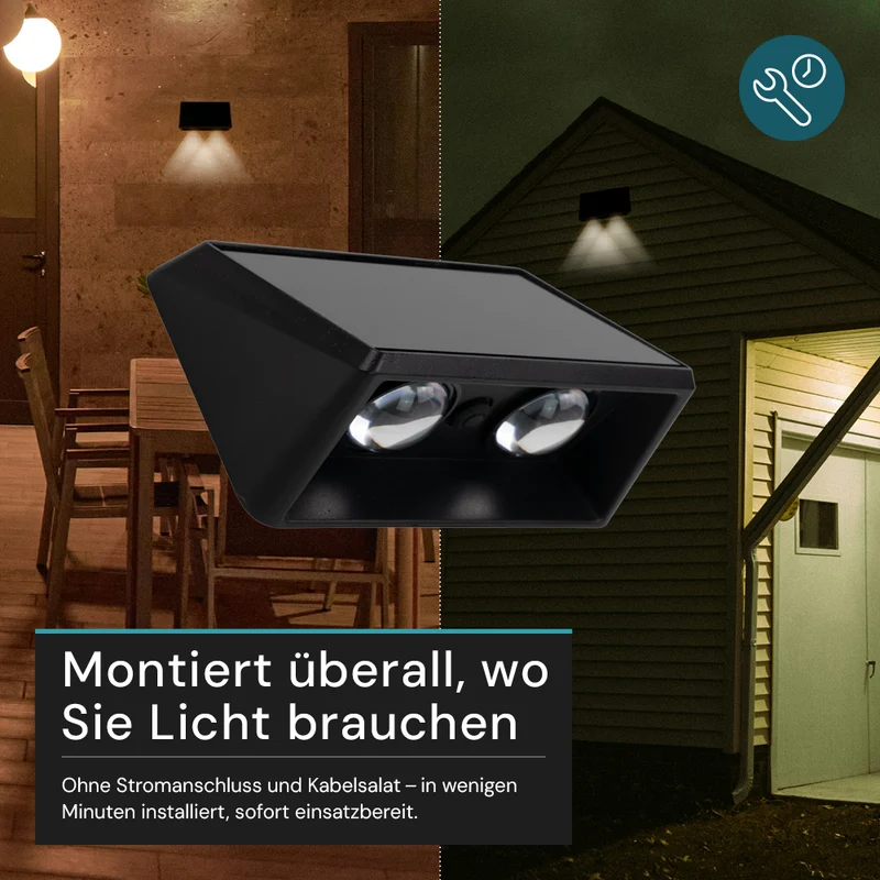 Solar-Wandleuchte, 1 W, 35 lm, CCT, schwarz, 2-flammig, IP54