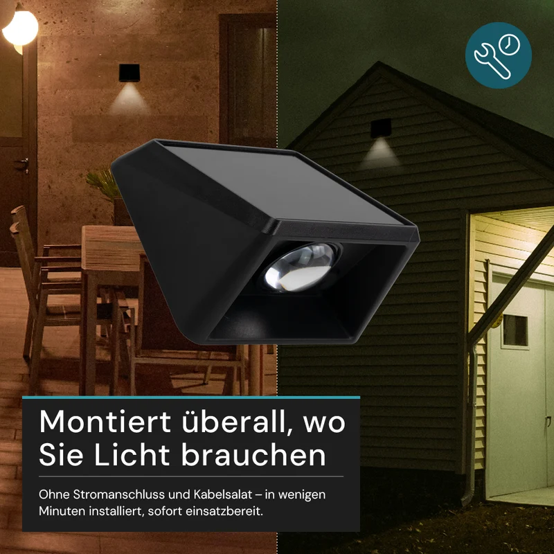 Solar-Wandleuchte, 1 W, 18 lm, CCT, schwarz, IP54, Akku