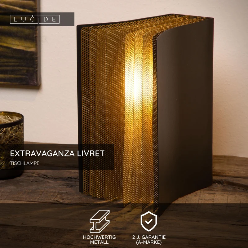 Tischleuchte Extravaganza Livret in Buchform Retro Schwarz, Gold