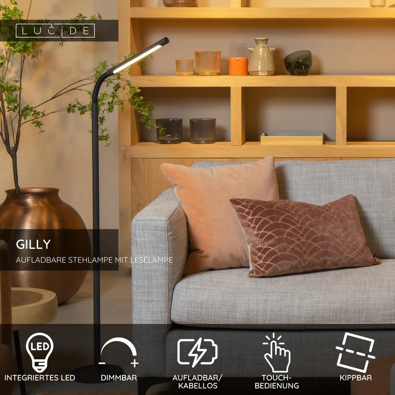 LED-Lese-Stehleuchte Gilly mit Akku und Touchdimmer