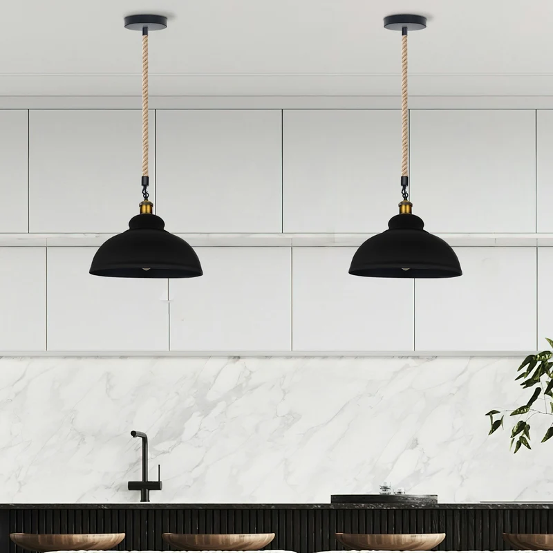 E27 Black Dome Metal Pendant Light with 100cm Hemp Rope~3035