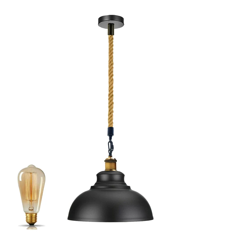 E27 Black Dome Metal Pendant Light with 100cm Hemp Rope~3035