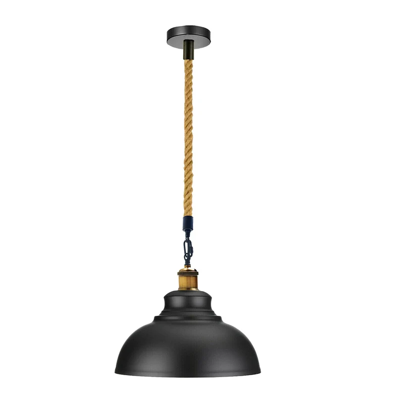 E27 Black Dome Metal Pendant Light with 100cm Hemp Rope~3035
