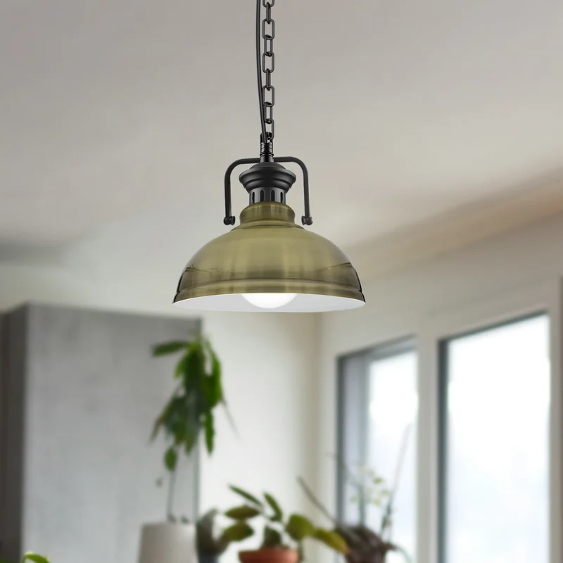 Verstellbare Grünes Messing-Vintage-Pendelleuchte – E27-Deckenlampe mit weiß beschichtetem Schirm ~3039