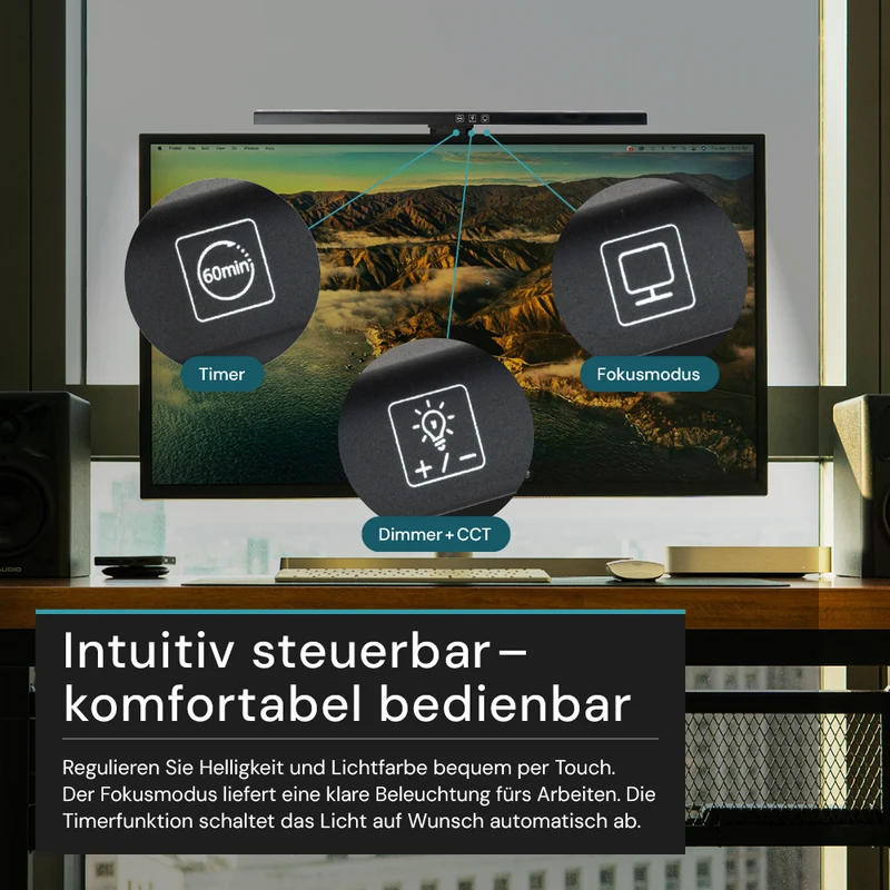 Monitor Lampe in Schwarz, Touch Control, 50 cm, 5 W Leistung, Lichtfarbe und Helligkeit einstellbar, Bildschirmlampe