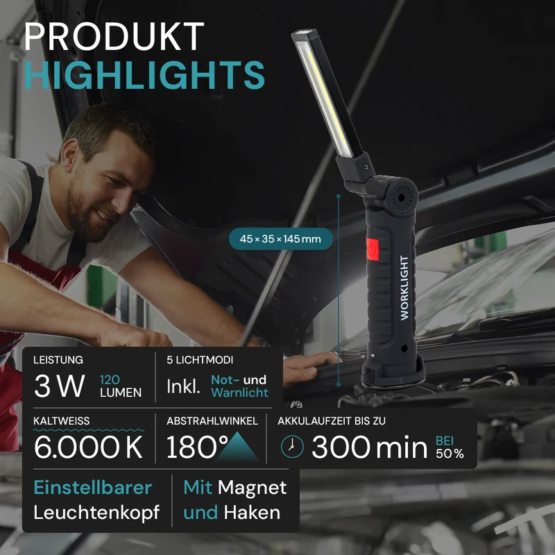 LED-Arbeitsleuchte mit Akku, 5 Lichtmodi, 14 cm, mit Magnet und Haken, USB-aufladbar, drehbare Taschenlampe, Inspektionsleuchte