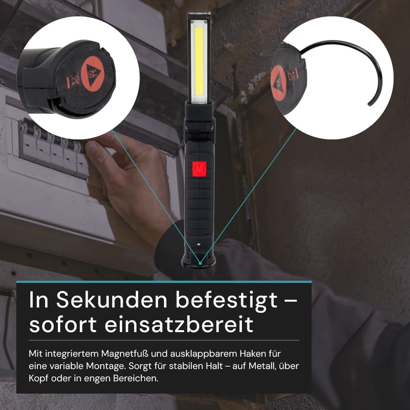 LED-Arbeitsleuchte mit Akku, 5 Lichtmodi, 14 cm, mit Magnet und Haken, USB-aufladbar, drehbare Taschenlampe, Inspektionsleuchte