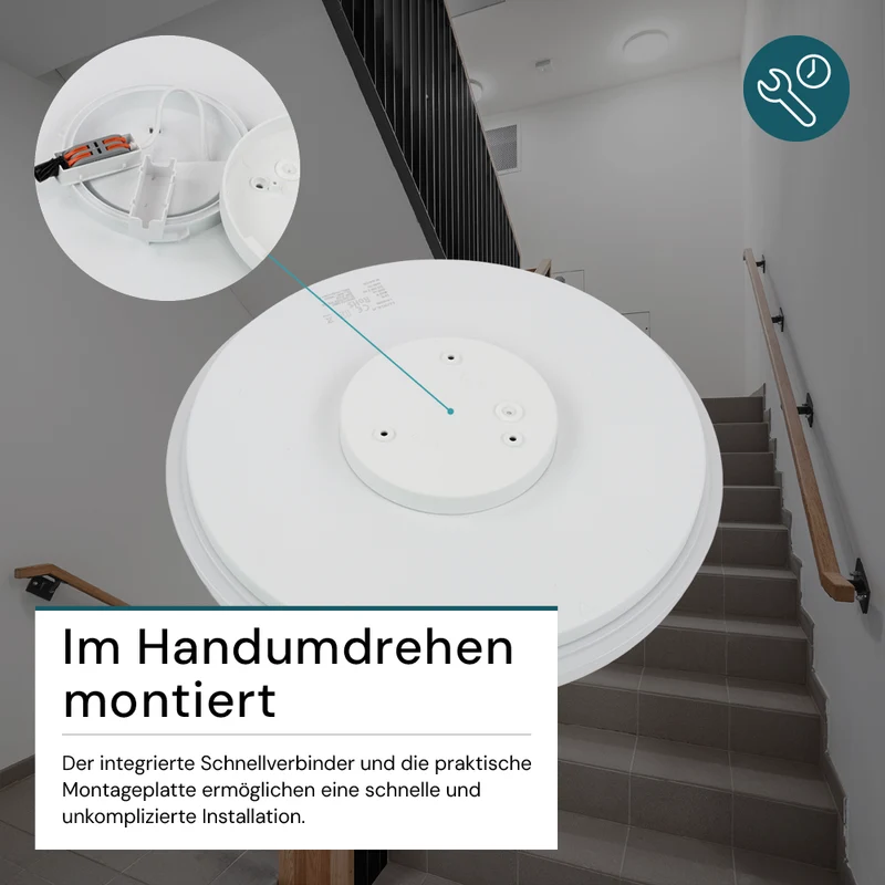 LED Deckenlampe, rund, 12 W, 1200 lm, 3000 K (warmweiß), Ø25 cm, IP44-wassergeschützt, Quick Connector, moderne Leuchte, Badezimmer Lampe
