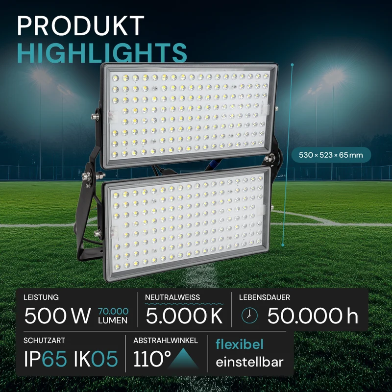 Stadion Fluter, 500 W, 5000 K (neutralweiß), 70000 lm, IP65, MOSO Treiber, Großflächenstrahler