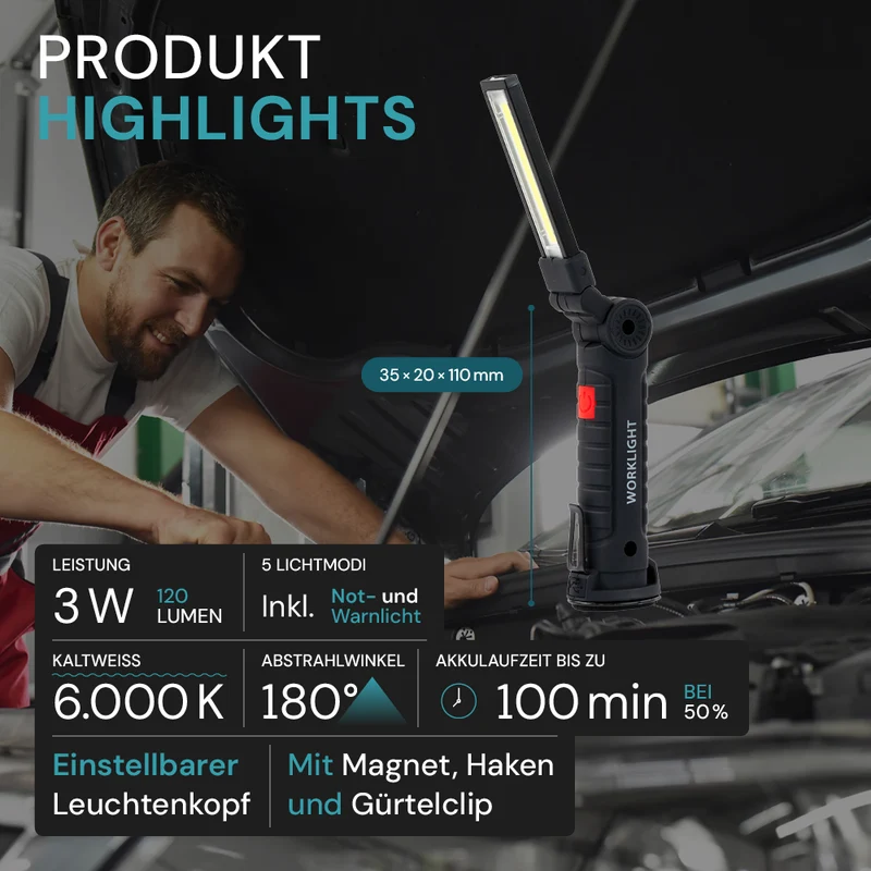 LED-Arbeitsleuchte mit Akku, 5 Lichtmodi, 11 cm, mit Magnet und Haken, USB-aufladbar, drehbare Taschenlampe, Inspektionsleuchte