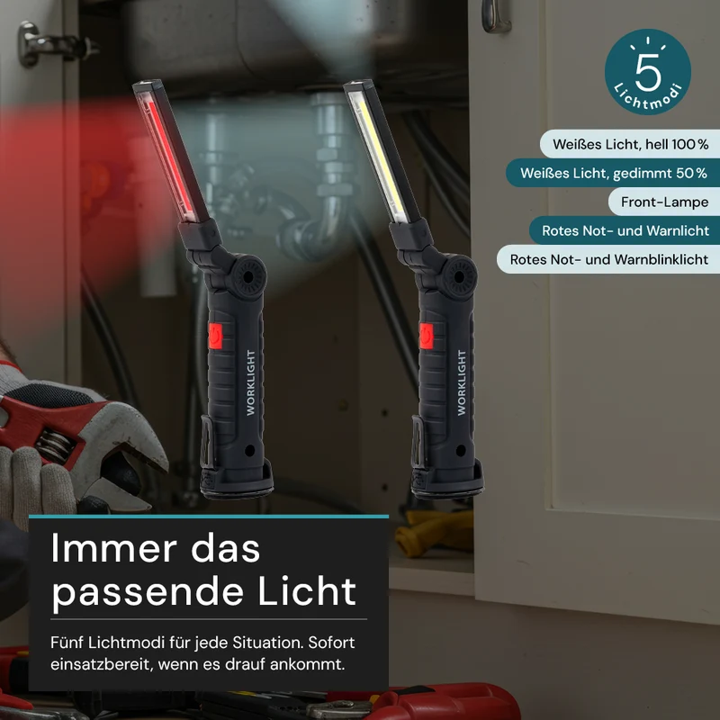 LED-Arbeitsleuchte mit Akku, 5 Lichtmodi, 11 cm, mit Magnet und Haken, USB-aufladbar, drehbare Taschenlampe, Inspektionsleuchte