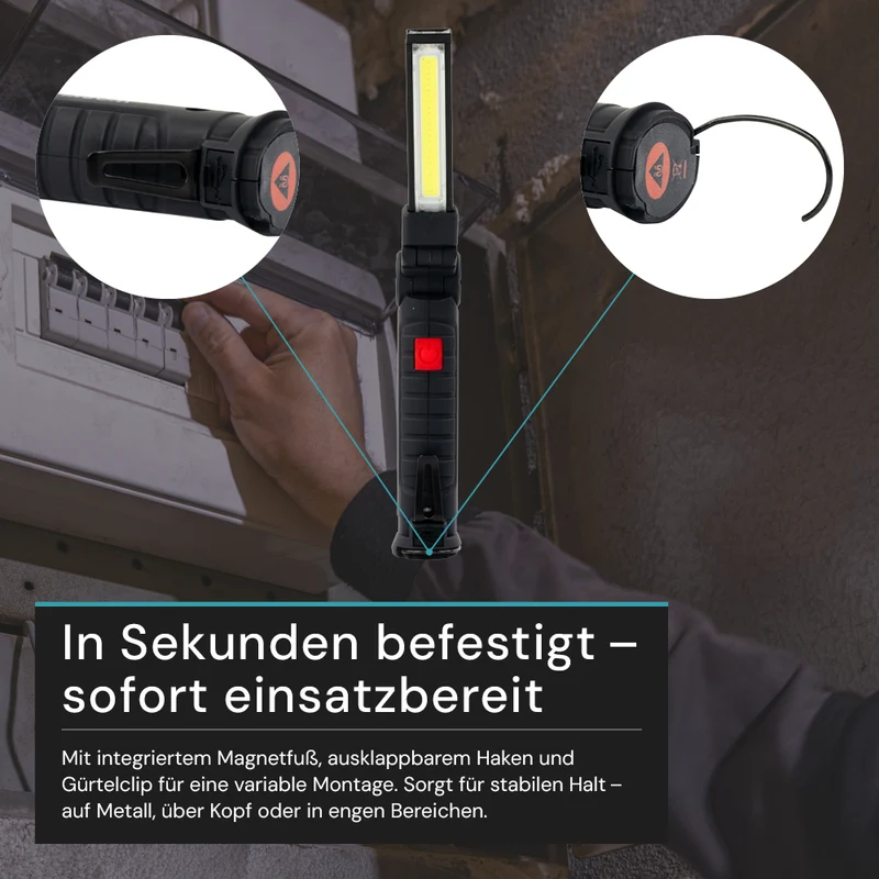 LED-Arbeitsleuchte mit Akku, 5 Lichtmodi, 11 cm, mit Magnet und Haken, USB-aufladbar, drehbare Taschenlampe, Inspektionsleuchte