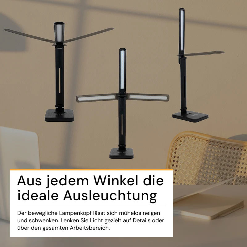 LED-Tischleuchte mit induktiver Ladestation, schwarz, inklusive Dimm- und CCT-Funktion, 5 W Leistung, 160x320 mm