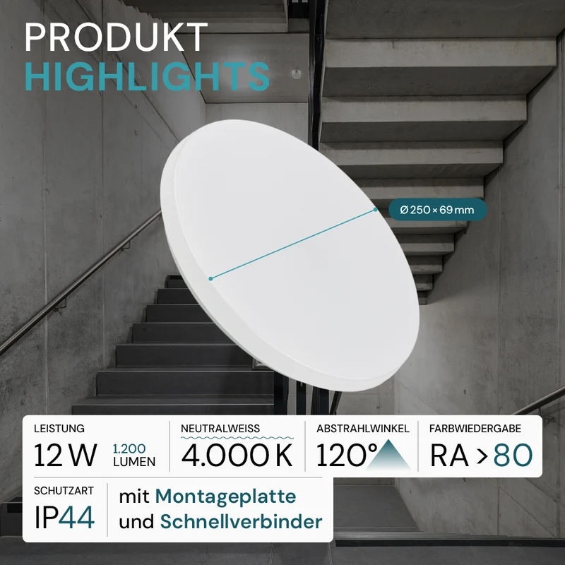9er-Pack LED Deckenlampe, rund, 12 W, 1200 lm, 4000 K (neutralweiß), Ø25 cm, IP44-wassergeschützt, Quick Connector, moderne Leuchte, Badezimmer Lampe