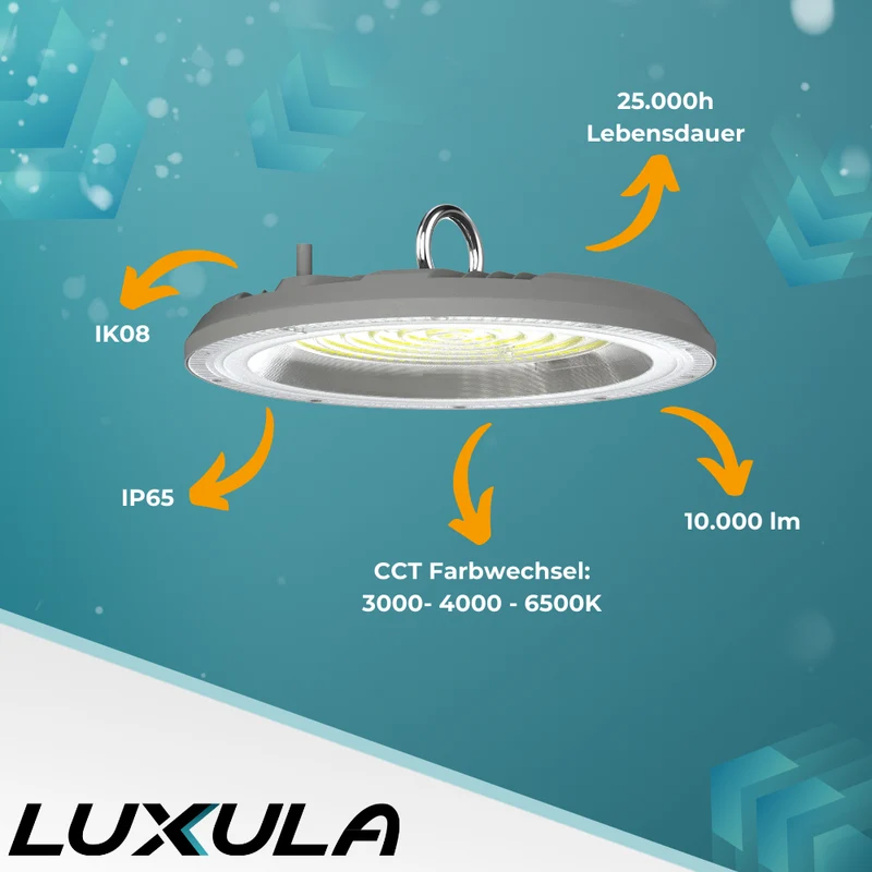 5er-Pack LED-Highbay, Hallenstrahler rund, grau, 100 W, 10000 lm, CCT 3000-6500 K (warm-, neutral-, kaltweiß), IP65