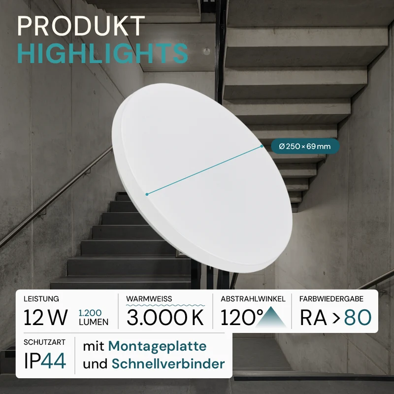 3er-Pack LED Deckenlampe, rund, 12 W, 1200 lm, 3000 K (warmweiß), Ø25 cm, IP44-wassergeschützt, Quick Connector, moderne Leuchte, Badezimmer Lampe