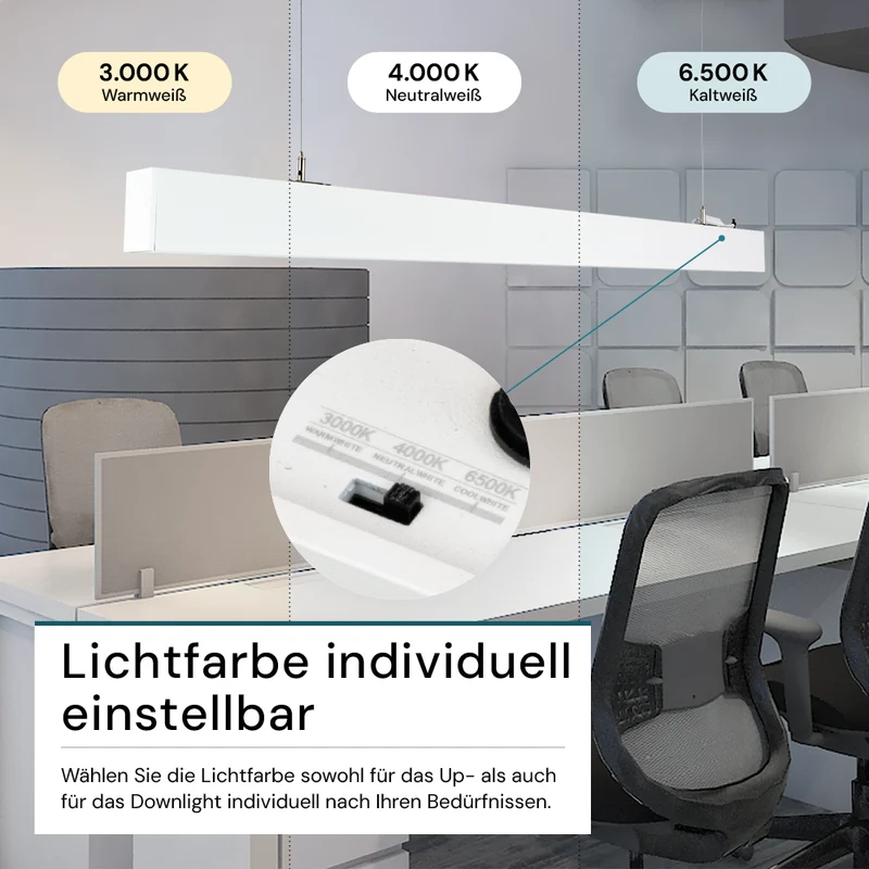 6er-Pack LED Büro-/Tresenleuchte Up&Down, weiß, 120 cm, 30 W, 3600 lm, UGR<19, 3000-6500 K (CCT), LIFUD Netzteil, erweiterbar, Aluminium