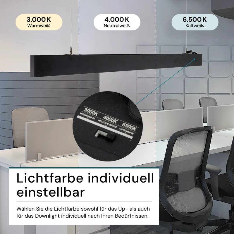 9er-Pack LED Büro-/Tresenleuchte Up&Down, schwarz, 120 cm, 30 W, 3600 lm, UGR<19, 3000-6500 K (CCT), LIFUD Netzteil, erweiterbar, Aluminium