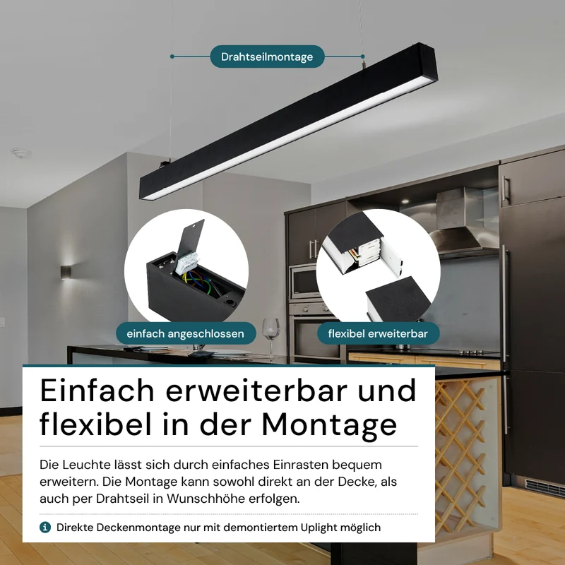 6er-Pack LED Büro-/Tresenleuchte Up&Down, schwarz, 120 cm, 30 W, 3600 lm, UGR<19, 3000-6500 K (CCT), LIFUD Netzteil, erweiterbar, Aluminium