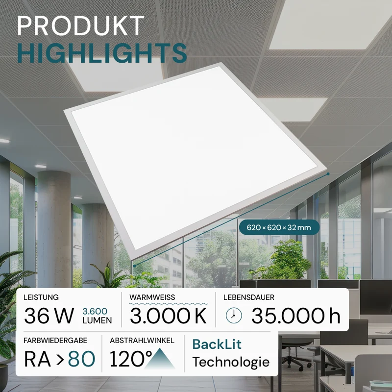 6er-Pack LED BackLit Panel, 62x62 cm, 36W, 3600lm, 3000K