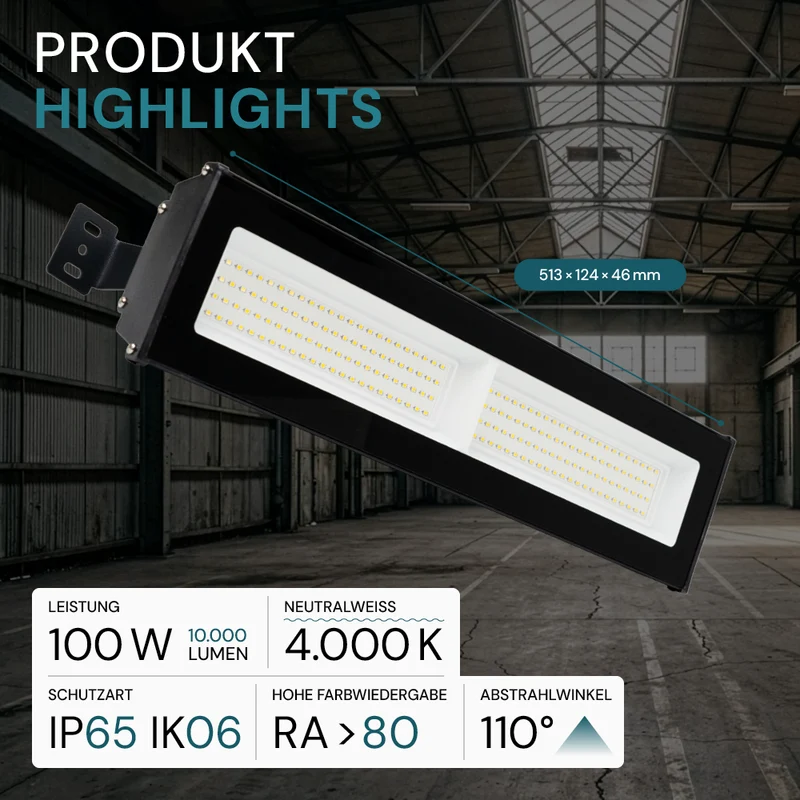 2er Pack LED-Hallenleuchte, linear, 100 W, 10000 lm, 4000 K (neutralweiß), IP65, schwarz