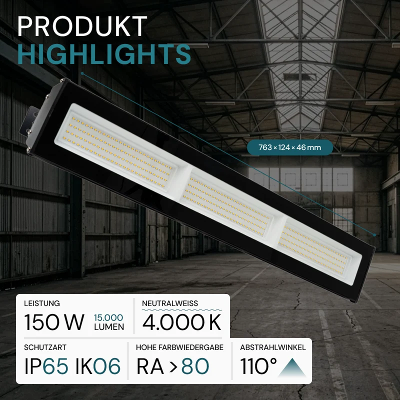 6er Pack LED-Hallenleuchte, linear, 150 W, 15000 lm, 4000 K (neutralweiß), IP65, schwarz