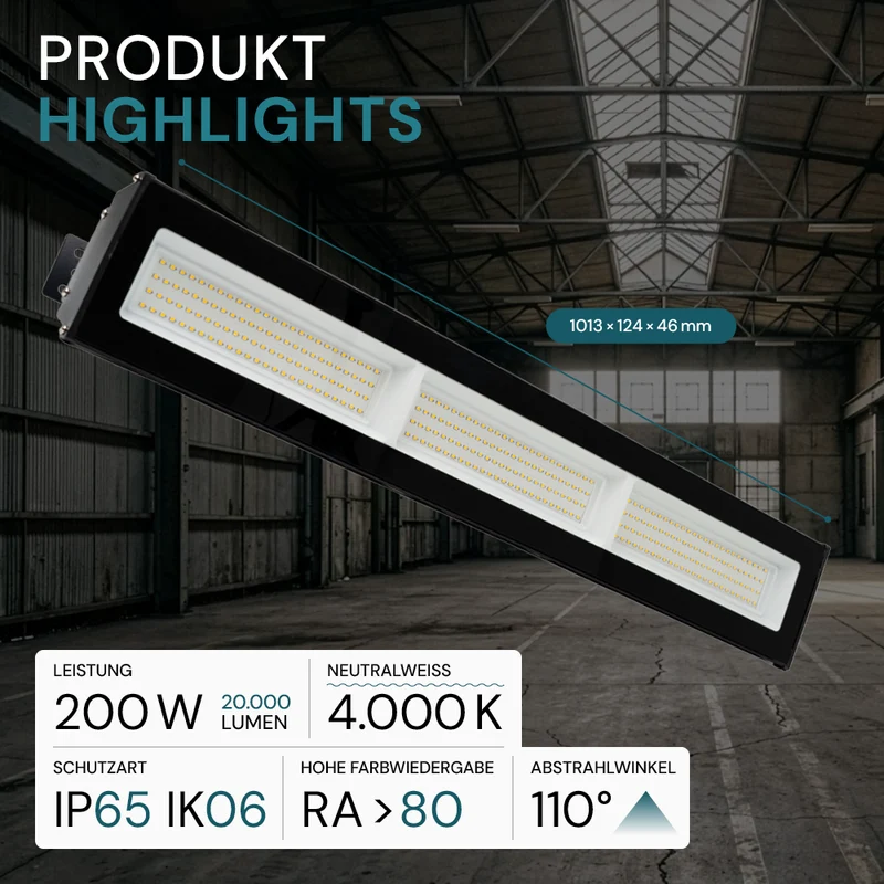 2er Pack LED-Hallenleuchte, linear, 200 W, 20000 lm, 4000 K (neutralweiß), IP65, schwarz