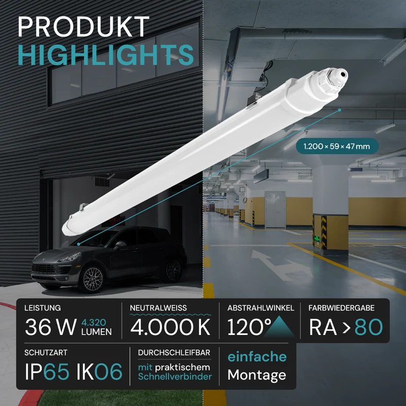 8er-Pack LED Feuchtraumleuchte SLIM, 120 cm, 36 W, 4320 lm, 4000 K (neutralweiß), IP65, IK06, durchschleifbar, mit Quick Connector