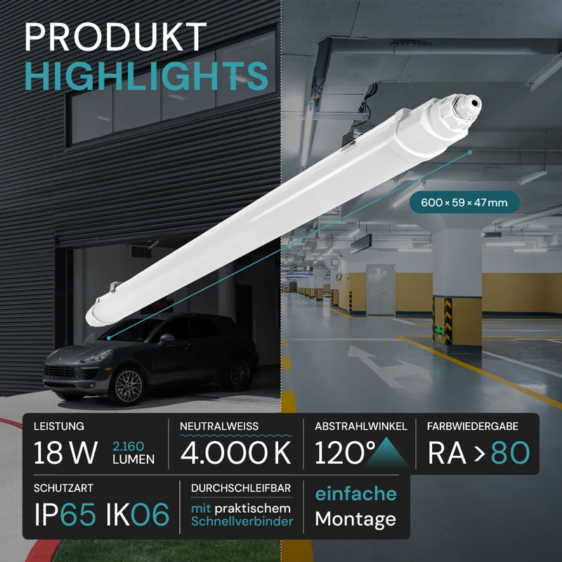 2er-Pack LED Feuchtraumleuchte SLIM, 60 cm, 18 W, 2160 lm, 4000 K (neutralweiß), IP65, IK06, durchschleifbar, mit Quick Connector