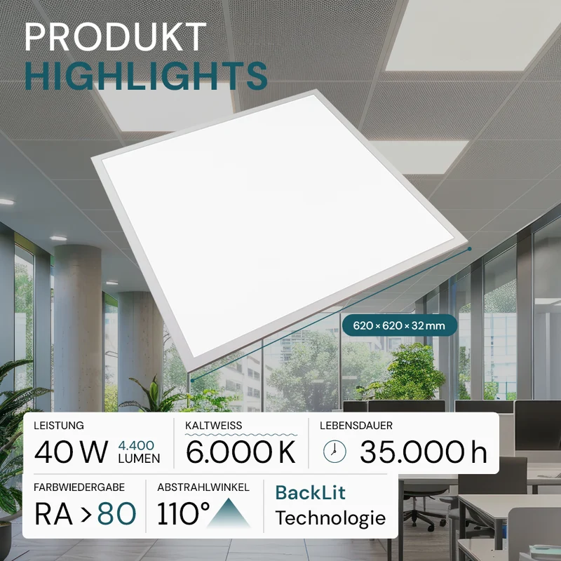 6er Pack LED BackLit Panel, 62x62, 40W, 4400 lm, 6000K, 110°, IP44