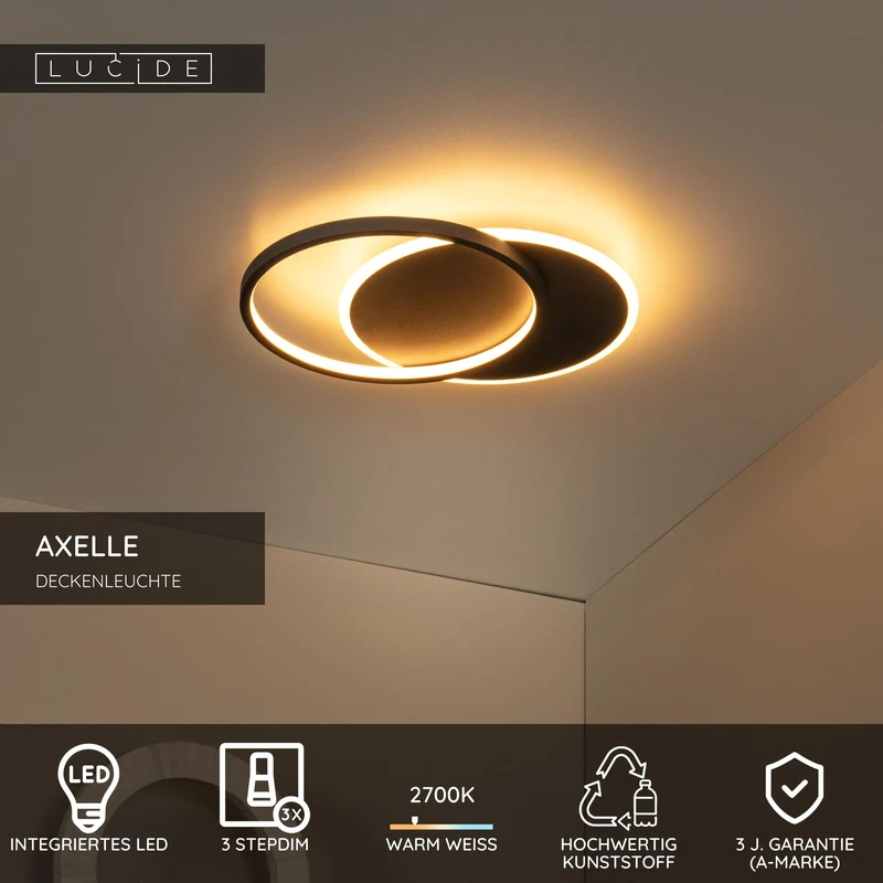 LED-Deckenleuchte Axelle mit 3 Dimmstufen Ø 29,5cm Schwarz