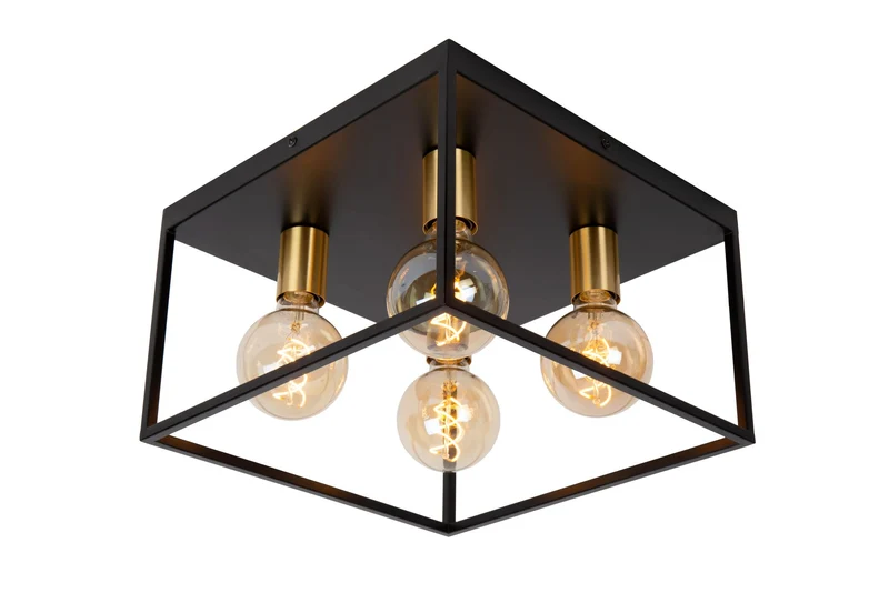 Deckenleuchte Ruben 4-flammig quadratisch Retro Schwarz, Messing 36x36cm