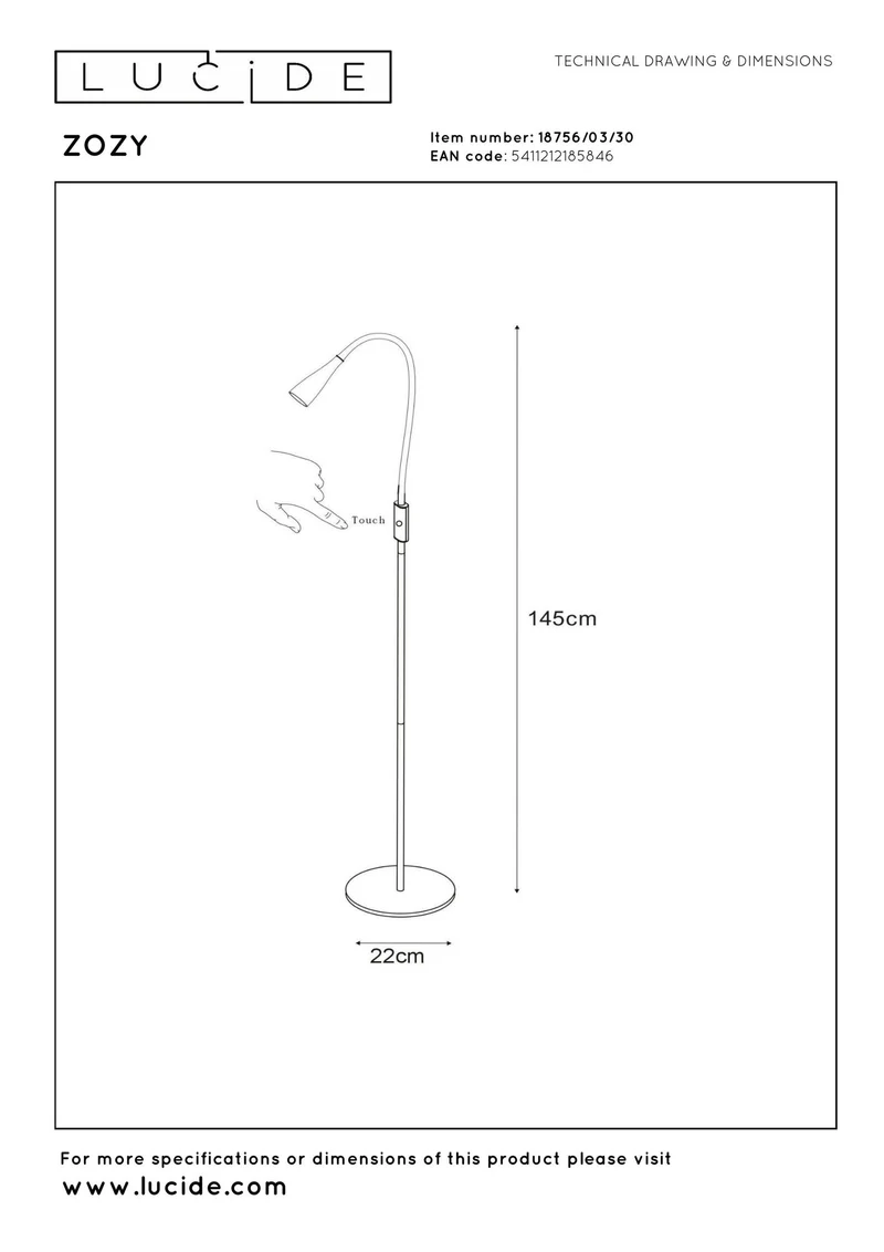 LED-Lese-Stehleuchte Zozy mit Touchdimmer und flexiblem Lesearm