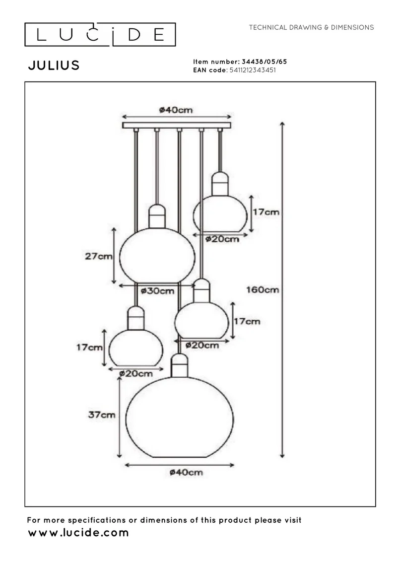 Pendelleuchte Julius 5-flammig mit Glasschirm