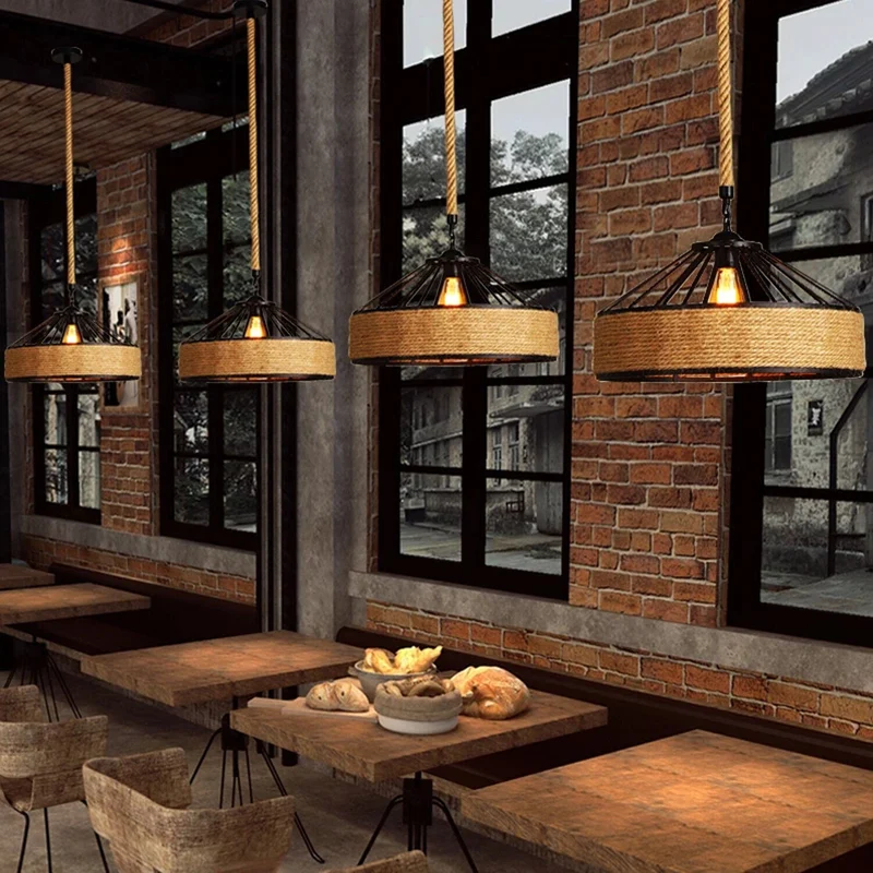 Lustre Plafonnier Suspension corde chanvre Rétro Lampe pour Restaurant