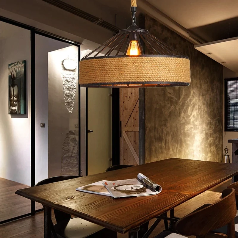 Lustre Plafonnier Suspension corde chanvre Rétro Lampe pour Restaurant