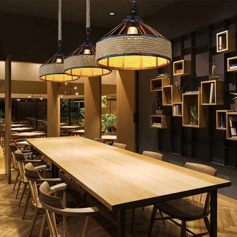 Lustre Plafonnier Suspension corde chanvre Rétro Lampe pour Restaurant