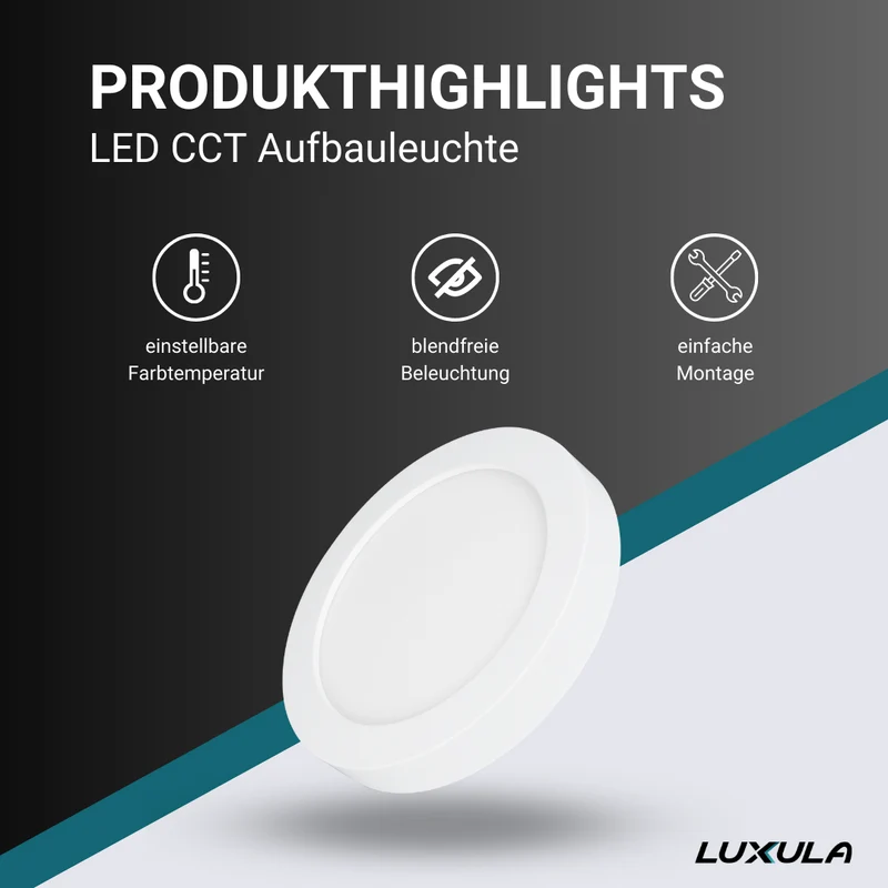 LED CCT Aufbauleuchte, 6W, 525 lm, ø122 x 35mm, 3000-4000-6000 K einstellbar, mit Diffusor, rund