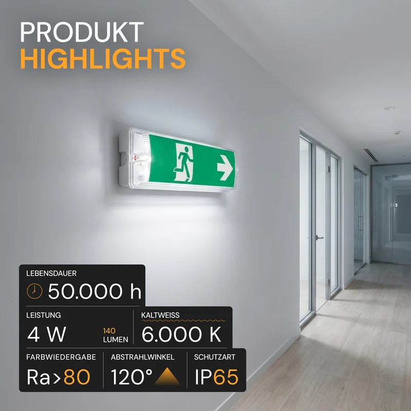 LED-Fluchtwegleuchte mit Notstromakku 3h, TEST-Funktion, Dauer- & Notbetrieb, IP65