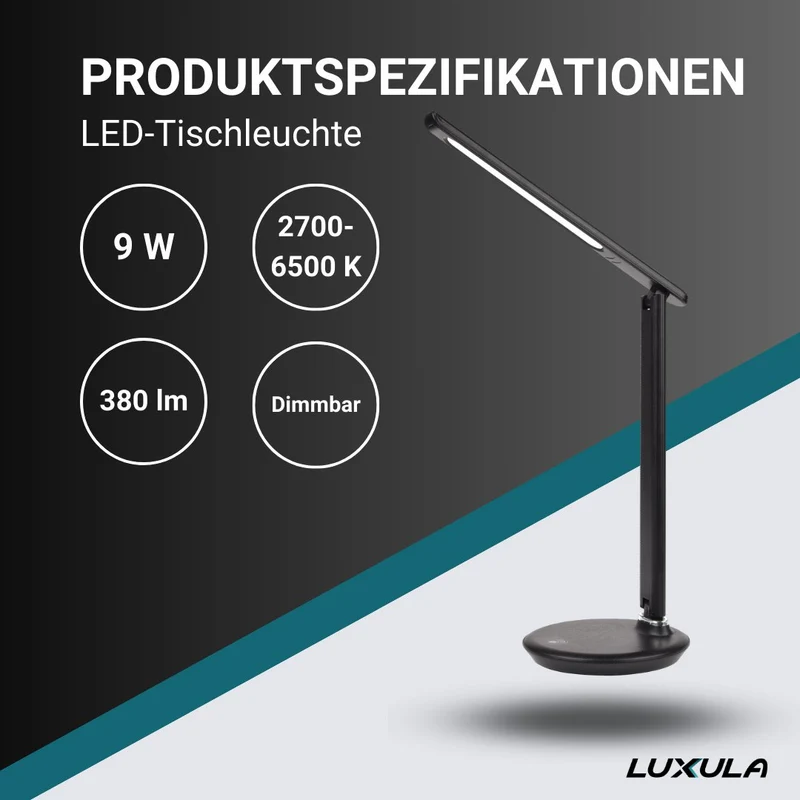 LED-Tischlampe, schwarz, mit Dimm- und CCT-Funktion, 9 W Leistung
