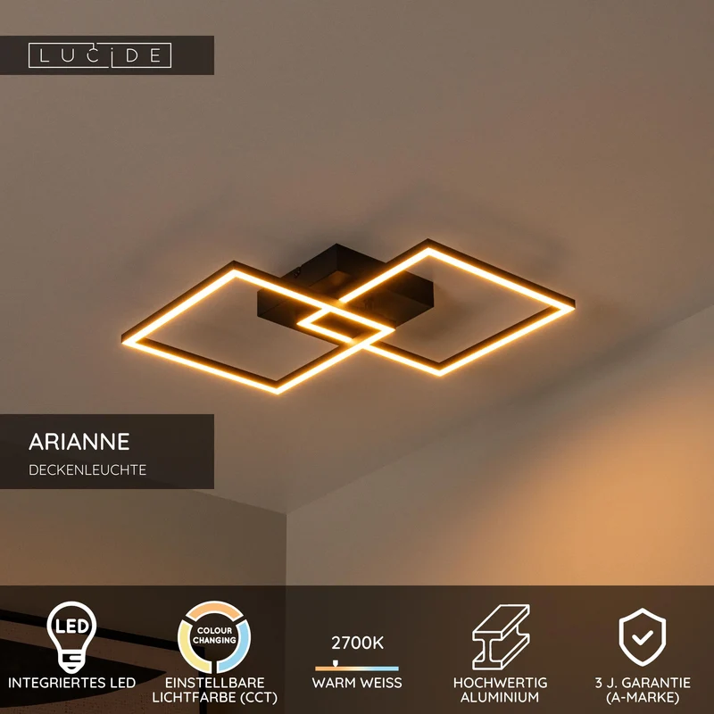 LED-Deckenleuchte Arianne CCT quadratisch 41x41cm Schwarz