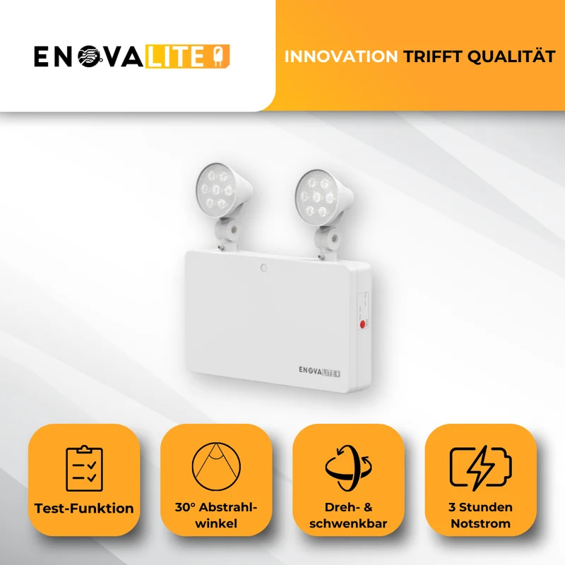 LED-Fluchtwegleuchte Twin-Spot mit Notstromakku 3h, 6 W, 300 lm, Testfunktion & Fernbedienung