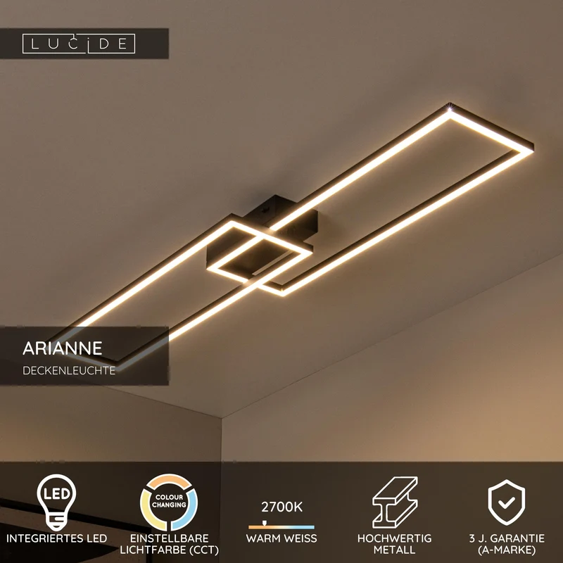 LED-Deckenleuchte Arianne rechteckig CCT 92,5cm Schwarz